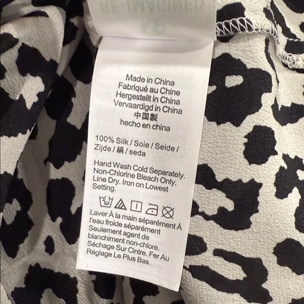 J. Crew Black and White Silk Animal Print Button Down Tie Neck Preppy Top